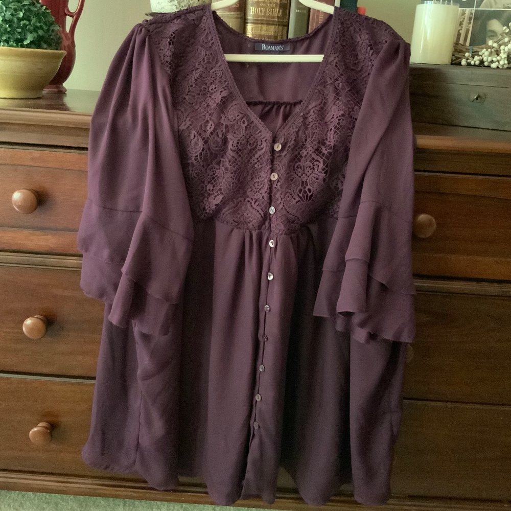 New Burgundy Short Sleeved Sheer Flowy blouse with Lace yoke insert to match